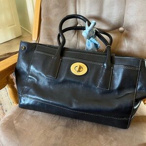 Elegant Coach Black Leather Tote Bag, blue ribbon authentic